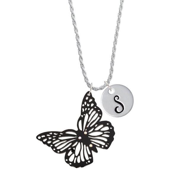 Delight Jewelry Acrylic Cut Out Butterfly Black Silvertone Script Initial Disc - S - Charm Necklace, 20"+3"