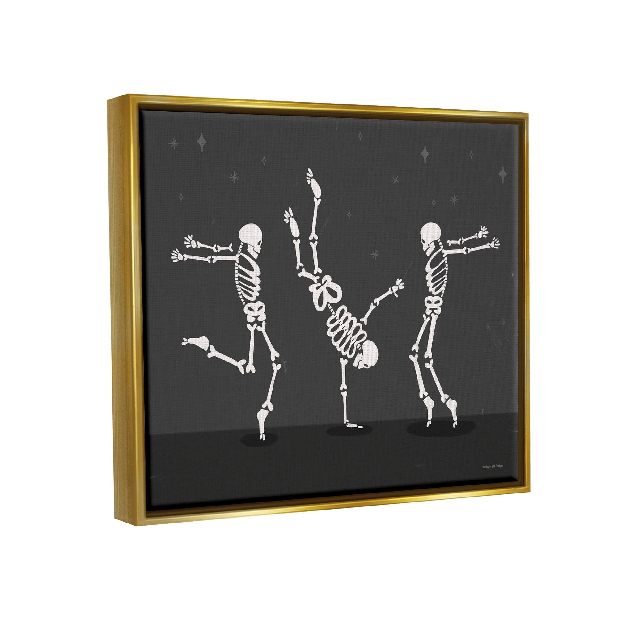 Stupell Industries Three Dancing Skeletons Holiday Painting Gold Floater Framed Art Print Wall Art, 31 x 25