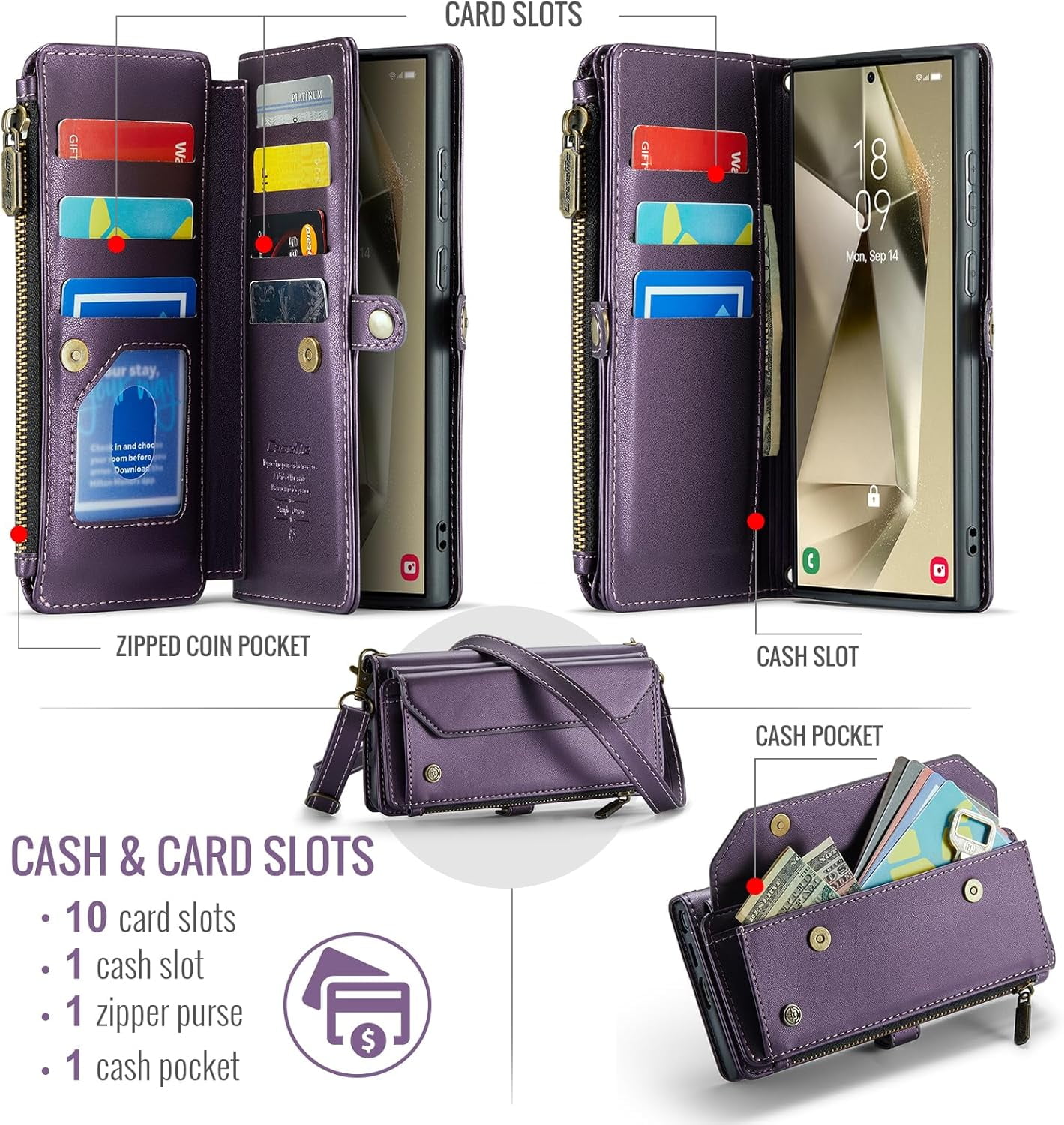 KOMI for Samsung S24 Ultra Case with RFID Blocking for Samsung Galaxy S24 Ultra Wallet Case for Women Men, PU Leather Magnetic Flip Strap Zipper Card Holder Phone Case for Galaxy S24 Ultra Purple