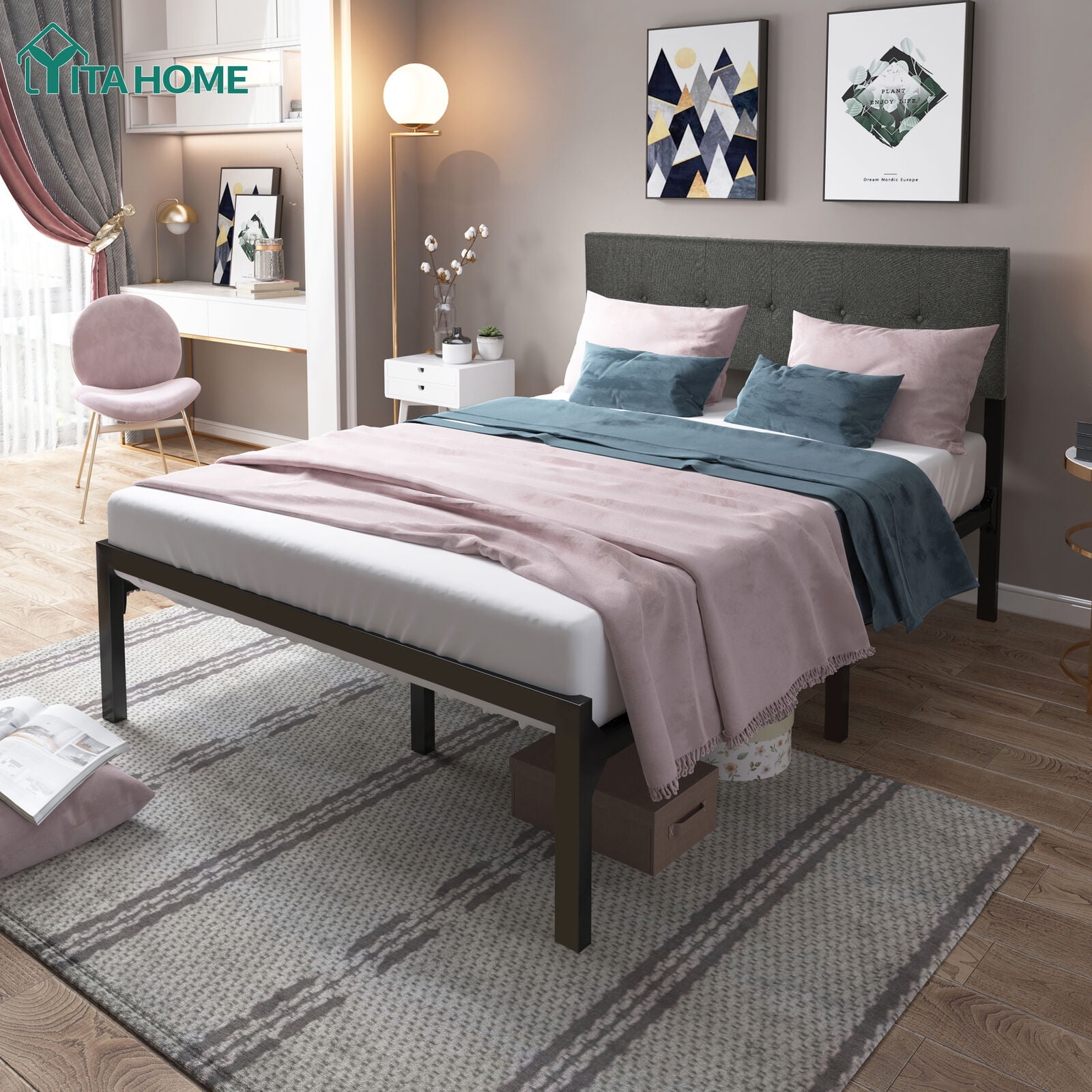 Dextrus Queen Upholstered Platform Bed Frame with Adjustable Headboard, No Box Spring Needed