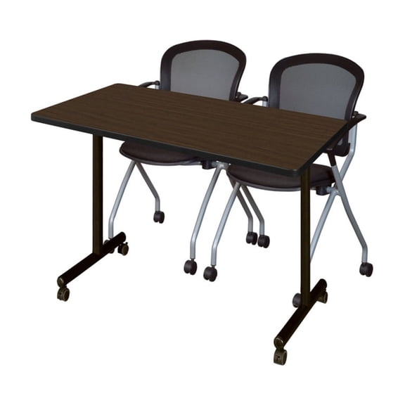 Regency Kobe 48 x 24 in. T-Base Training Seminar Table- Neo Walnut, 2 Cadence Nesting Chairs
