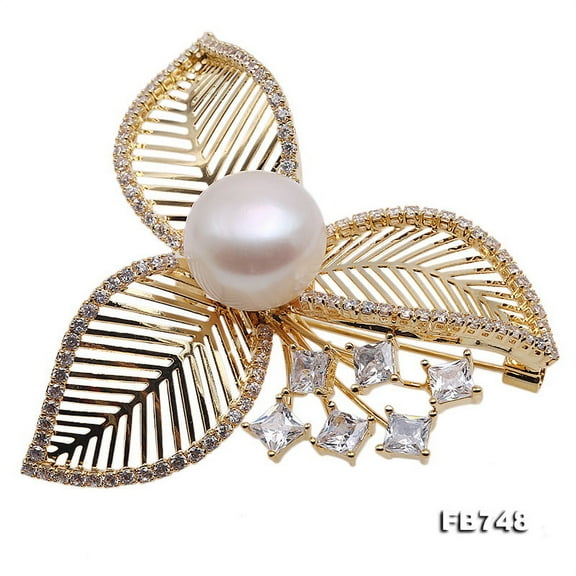 JYX Pearl Brooches 14mm Round White Freshwater Cultured Pearl Brooch