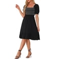 thumbnail image 4 of Vestido Smocked Inspire Chic para mujer con escote cuadrado, mangas cortas abullonadas y volantes, vestido de verano S negro, 4 of 6