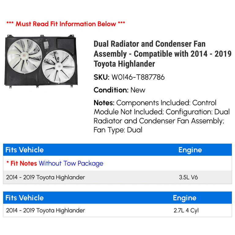 Radiator Cooling Fan Assembly For 2014-2019 Toyota Highlander - Dual Fans, 12V, Direct Replacement 7 thumbnail image