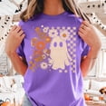 thumbnail image 3 of Floral Ghost Halloween T-Shirt, Retro Daisy Checker Graphic Tee, Comfort Colors Spooky Season Fall Apparel Gift for Women - Violet, XL, 3 of 5