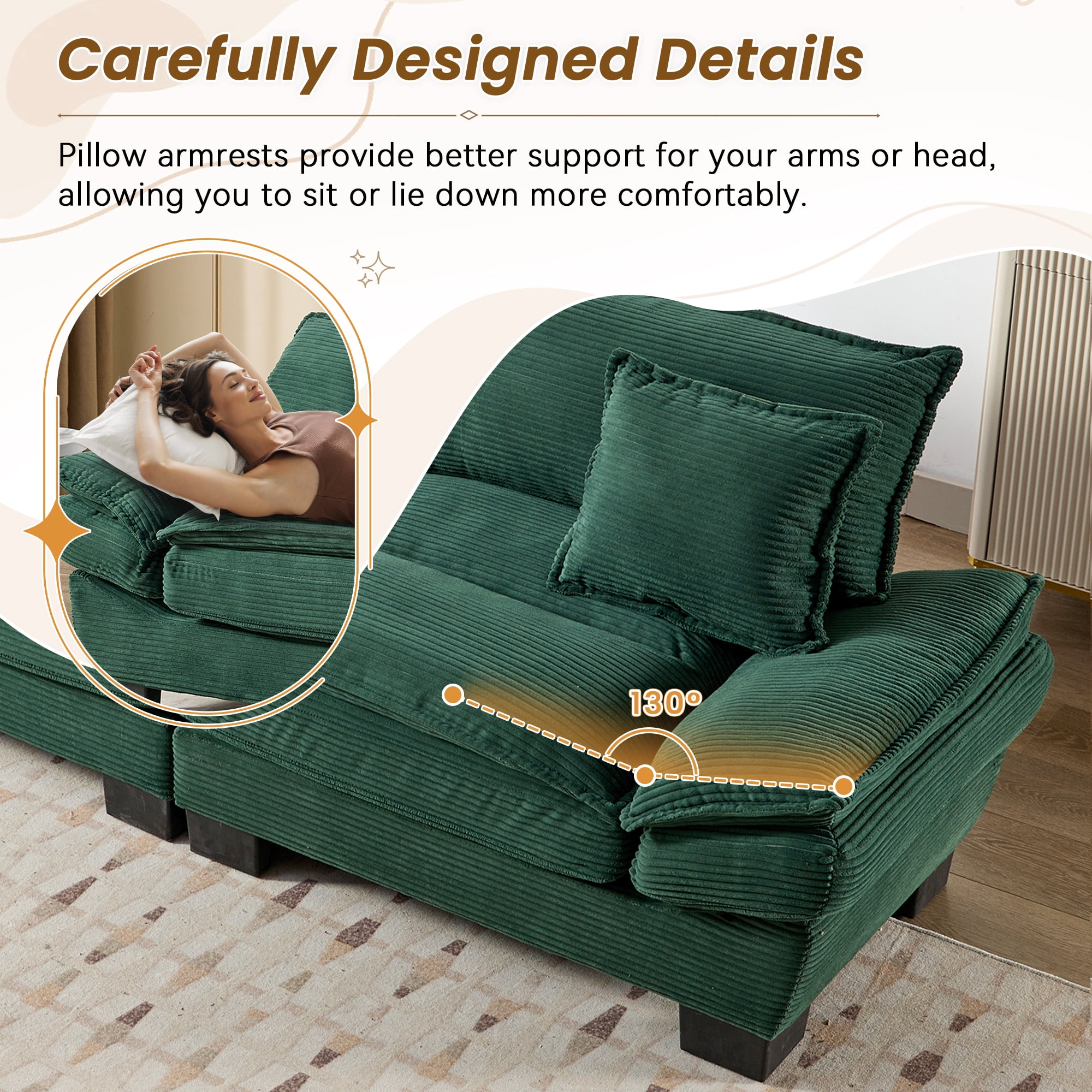Dinosisco 84"L Deep Seat Sofa, Corduroy Upholstered Sleeper Couch for Living Room, Green