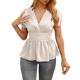thumbnail image 2 of Lixiuxyad Elegant Wrap V Neck Peplum Short Sleeve Stretchy Ruched Ruffle Dressy Blouses Shirts Dressy Casual Tops,Beige L, 2 of 7