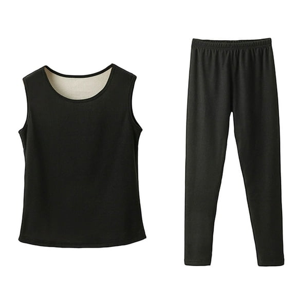 Htigea Women's Thermal Underwear Set Crew Neck Tank Top and Elastic Waist Pants Long Johns Base Layer for Women Black L