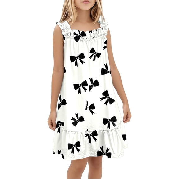 FYDUU Girls Nightgowns Summer Dresses Floral Sleeveless Tiered Ruffle Spaghetti Strap Sleep Dress Casual Nightgown Soft Cute Party Sleepwear 5-6 Years