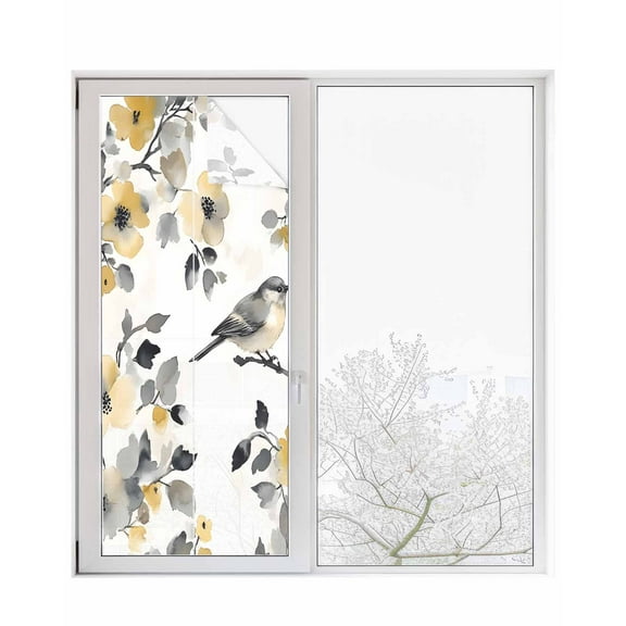 Window Privacy Film Yellow Grey Botanical Stained Glass Window Film Decorative Sun Block Window Cover Spring Floral Birds Retro Summer Window Clings Static Adhesive Sticker for Bathroom 23.6"x59"