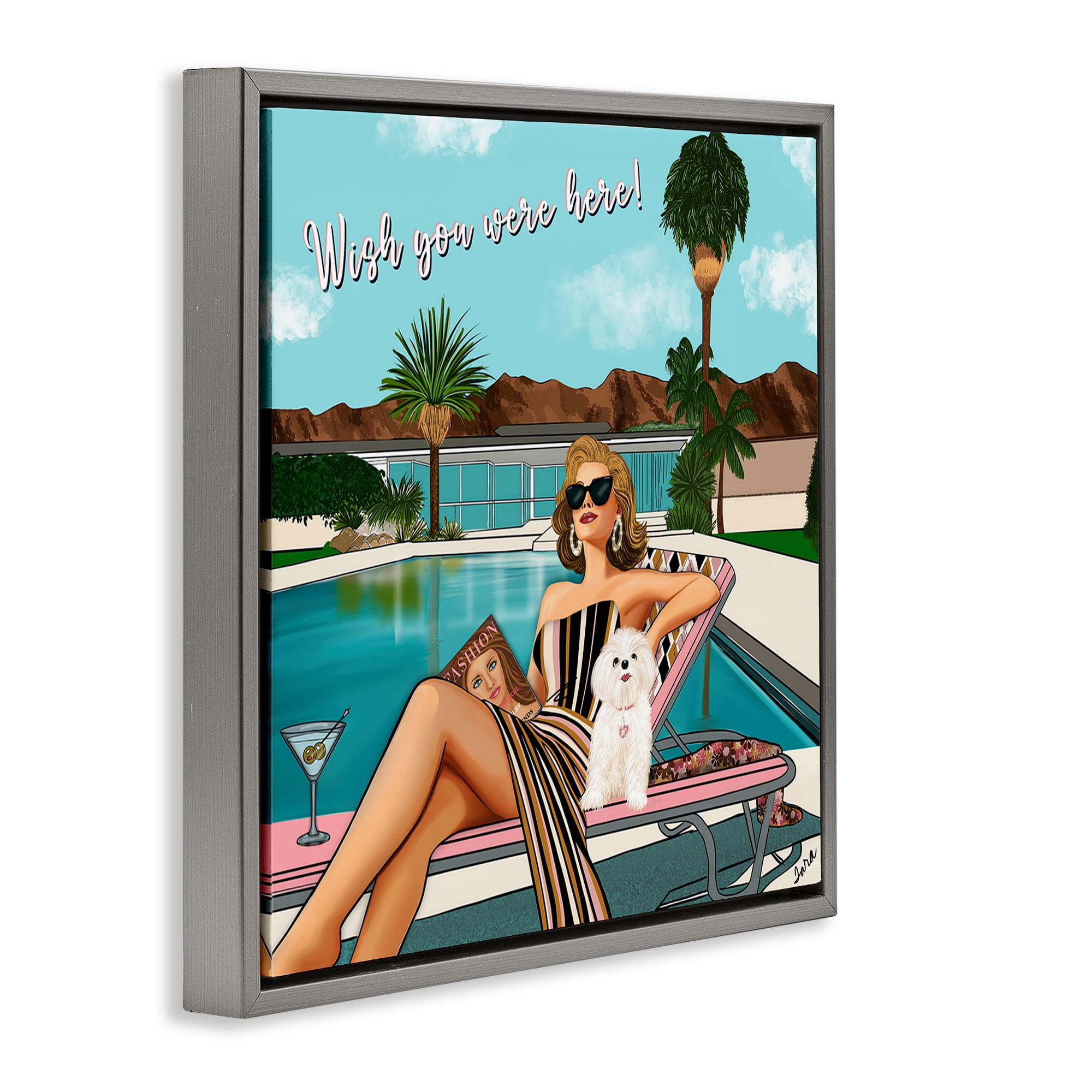 Stupell Industries Wish You Were Here Palm Springs Gray Framed Floater Canvas Wall Art, design by Tara Boone