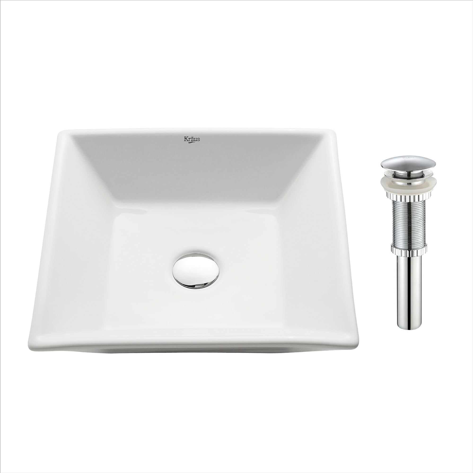 KRAUS Flat Square Ceramic Vessel Bathroom Sink in White with PopUp