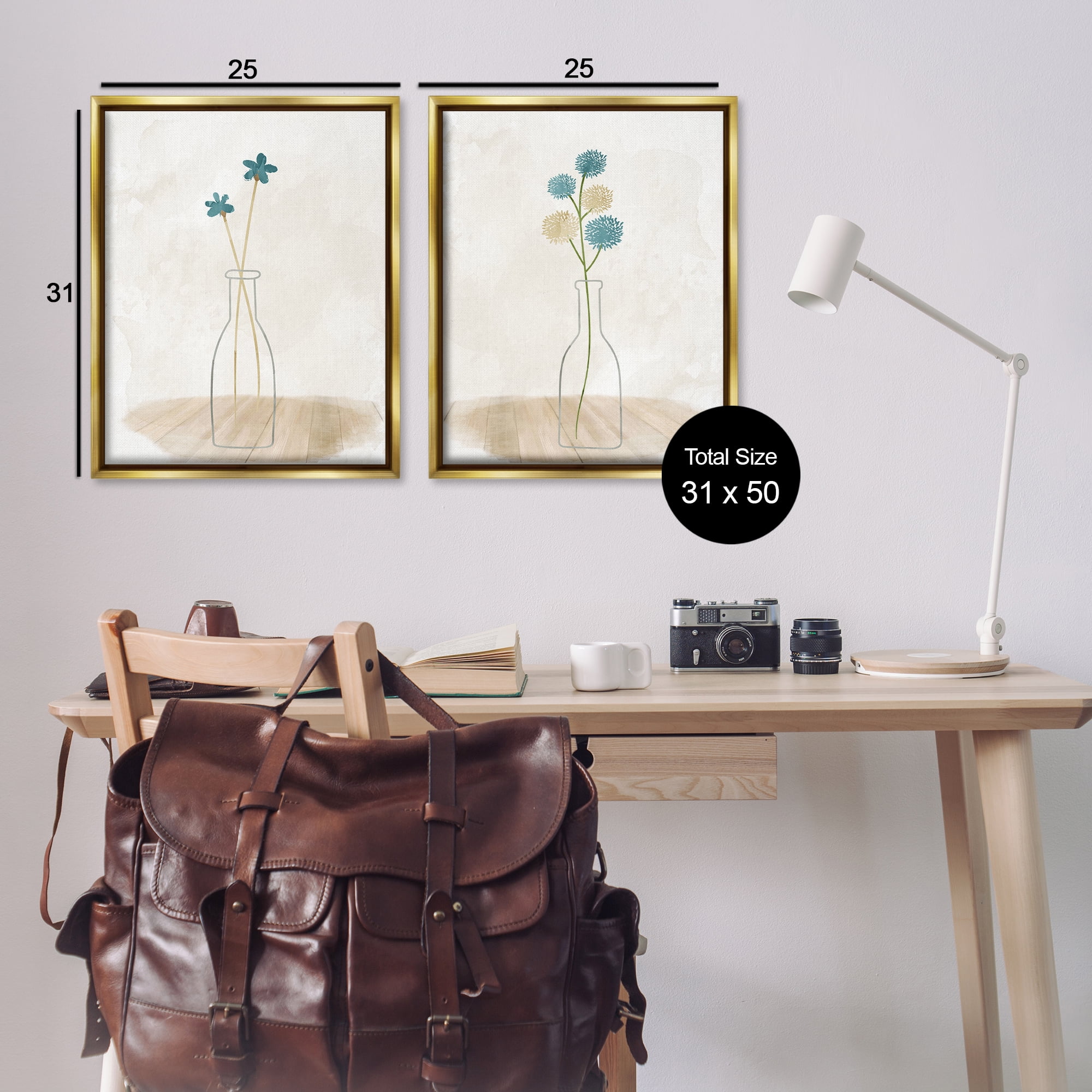 Stupell Industries Simple Flower Sprigs Clear Vase Plants & Flowers Painting Gold Floater Framed Canvas Art Print Wall Art, 31 x 25, Set of 2