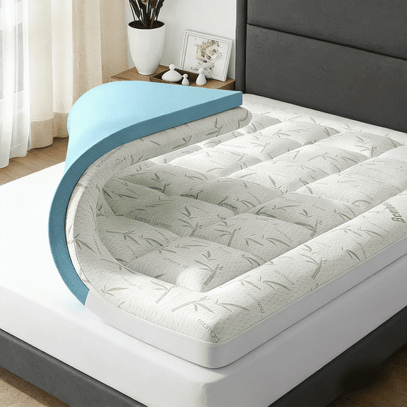 EDX Queen Size-Dual Layer 4 Inch Memory Foam Mattress Topper - 2 Inch Gel Memory Foam & 2 Inch Mattress Protector, Soft Skin-Friendly Down-Alternative Breathable