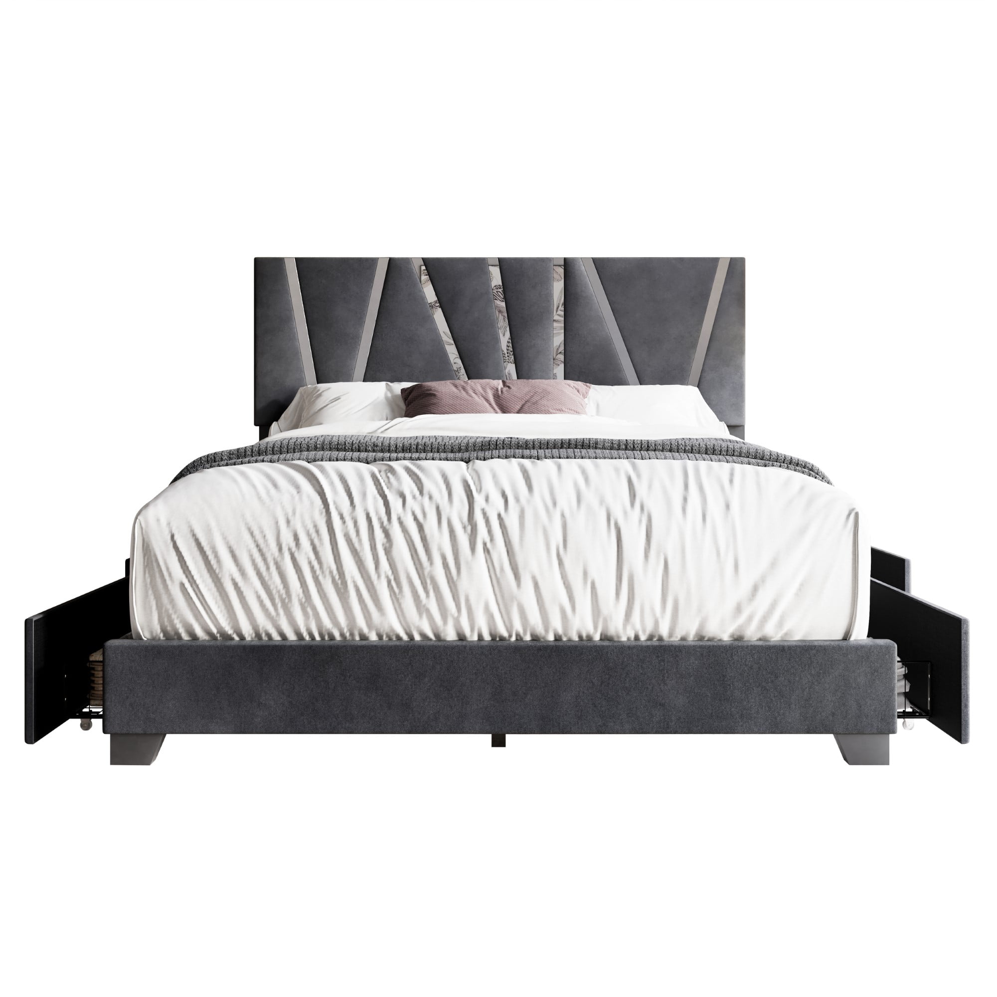 Home Design Hanover Queen Upholstered Storage Platform Bed Frame with Silver Acrylic Strip Headboard and Four Under-Drawers, Dark Gray, Easy Assembly