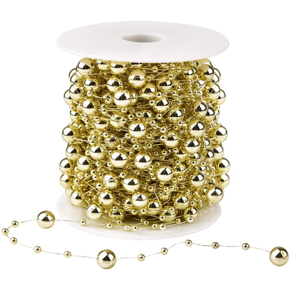 Dearhouse 65.6Ft Christmas Tree Beads Garland, Fishing Line Artificial Pearls Beads String Roll Chain Faux Pearl Beaded Trims for Wedding Christmas Tree Decor and Holiday DIY Supplies(Gold)