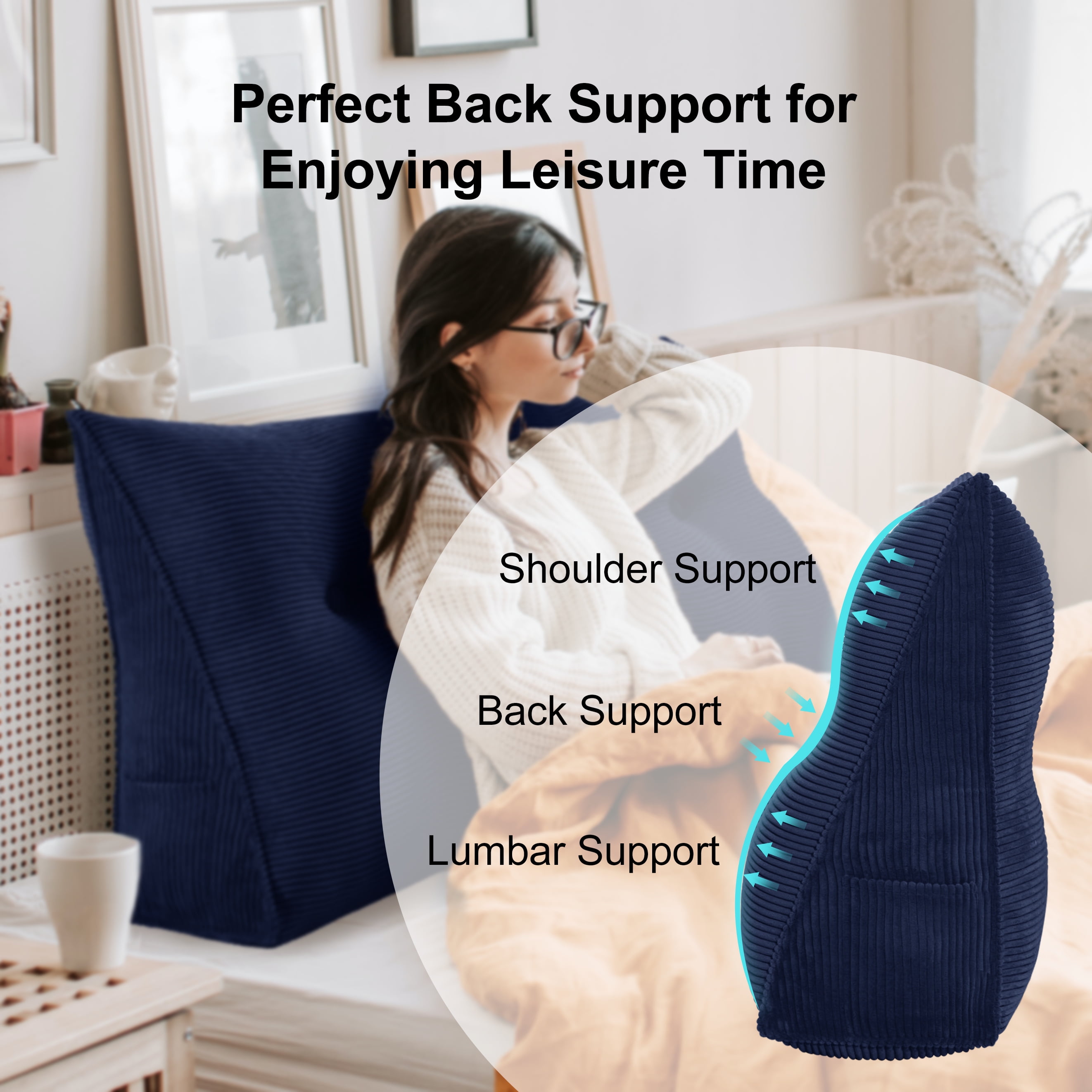 WOWMAX Wedge Reading Pillow Bedrest Throw Pillows Large Body Positioners Bolster Headboard Back Support Lumbar Cushion Pillow for Sofa Bed with Removable Cover Deep Blue 39x8x20inch