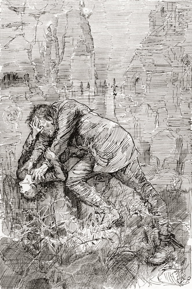 Pips struggle with the escaped convict The man took me by both arms and tilted me back as far as he could hold me so that his eyes looked most powerfully down into mine Illustration by Harry Furniss f