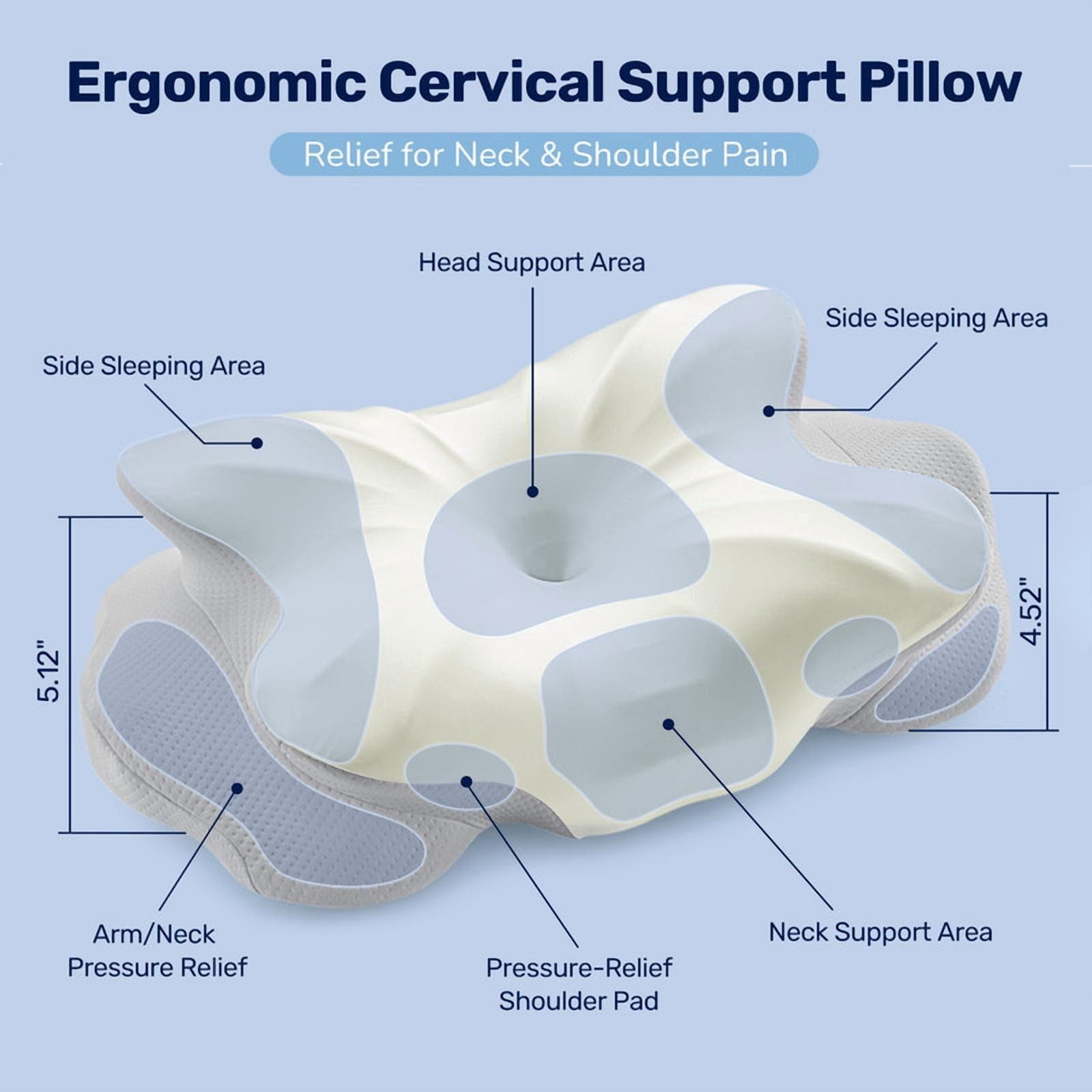 Kelno Ergonomic Contour Memory Foam Pillow Cervical Support with Dual Height Arm Grooves Breathable Washable Cover for Side, Light Gray