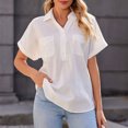 thumbnail image 2 of Blusa de manga corta con cuello vuelto para mujer, blusa informal con botones y cuello en V de Color liso con bolsillos, 2 of 6