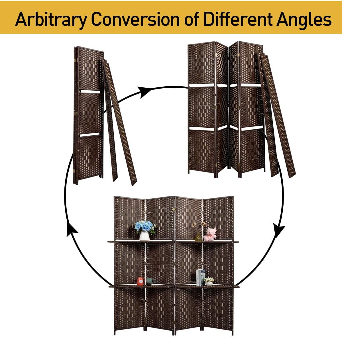 4-Panel Room Divider with 2 Partitions, 6ft Tall Folding Freestanding Privacy Screen for Living Room Bedroom Office, Dark Brown