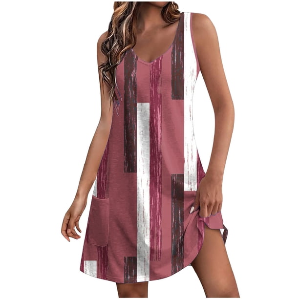 Vestido de Verano para Mujeres, Vestido Casual de Cuello en V sin Mangas de Impresión de Bolsillo de Moda Hecho de Poliéster Ligero para Primavera Verano, Vestido de Verano Casual