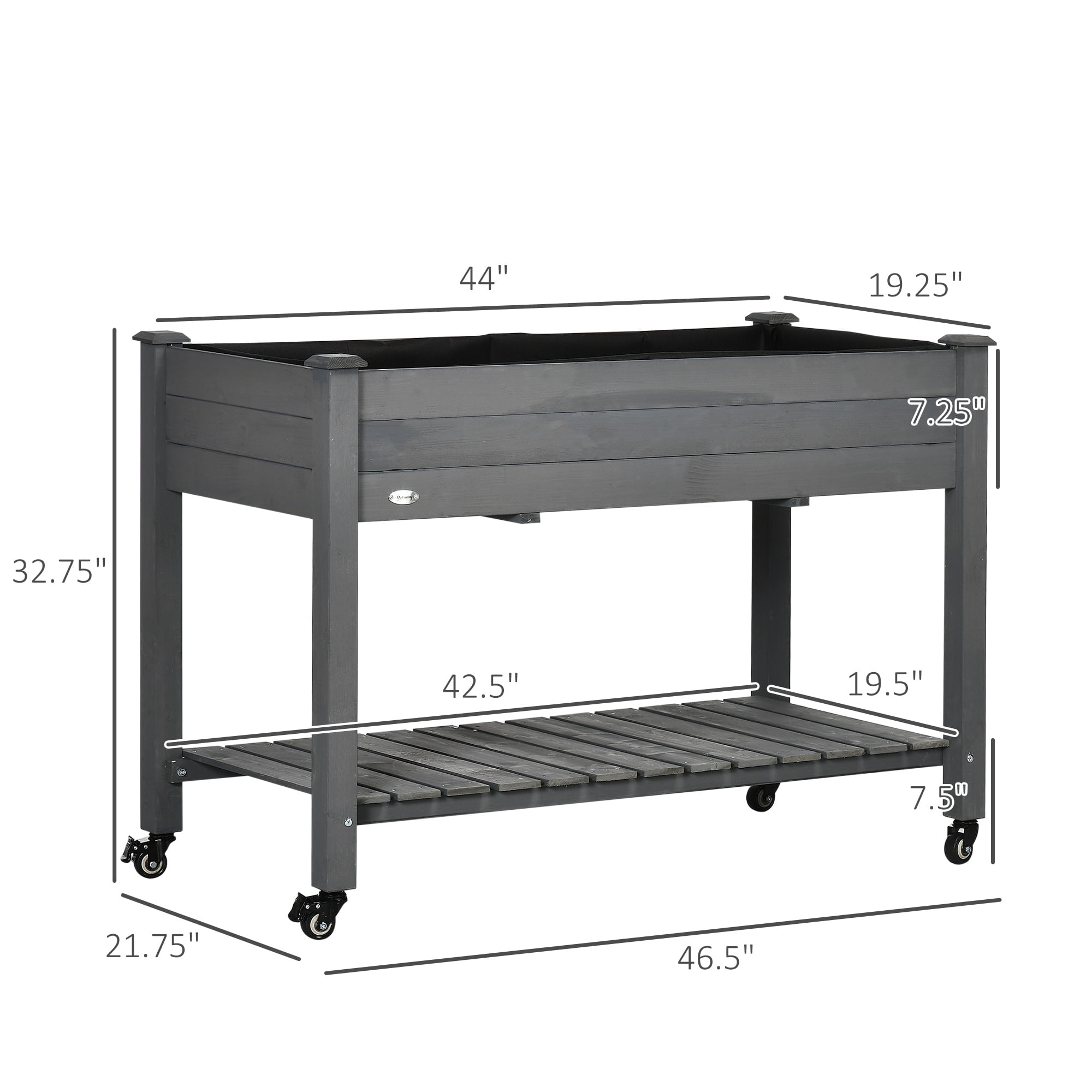 Raised Garden Bed, Elevated Wooden Planter Box with Lockable Wheels, Storage Shelf, and Bed Liner for Backyard, Patio, Dark Gray 47" x 22" x 33"
