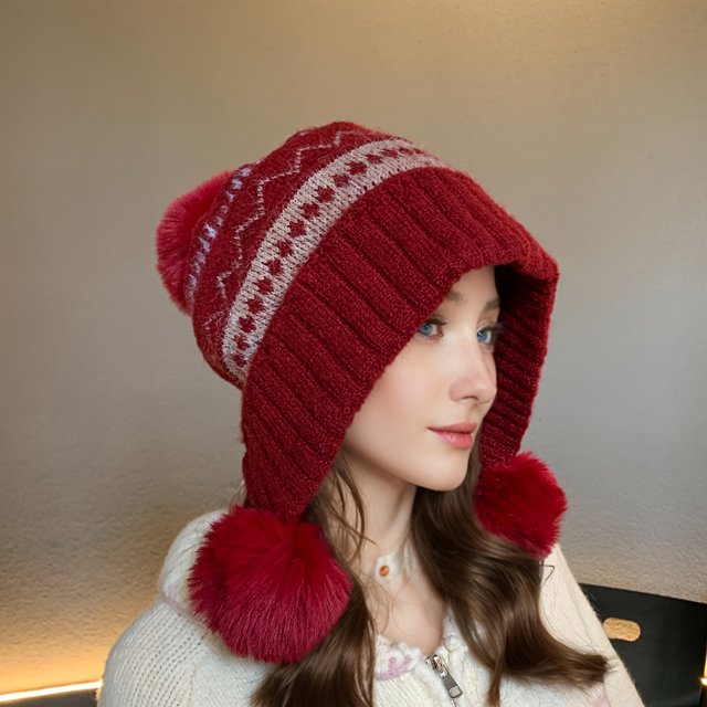 Women's Winter Warm Fleece-Lined Beanie Hat with Ears in Color Block Design