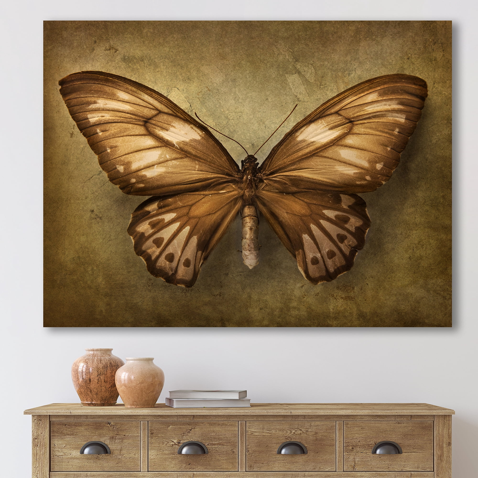 Designart ' Ancient Butterfly In Earth Tones ' Vintage Canvas Wall Art Print