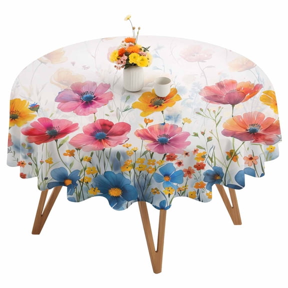 Spring Floral Round Tablecloth 60 inches Watercolor Red Orange Blue Flower Plant Waterproof Oil-Proof Table Cloth Round Table Cover for Holiday Party Picnic Dinner Decor Indoor and Outdoor Use