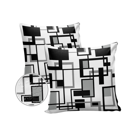 Pack of 2 Outdoor Pillow Covers, Geometric Black White and Gray Line Waterproof Square Throw Pillowcase Cushion Decorative Pillow Covers for Couch Patio Tent, 16x16 in