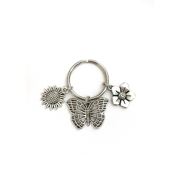 Butterfly and Flower themed keychain. Gift for Butterfly Lovers, Bag and Key Identifier. Includes Butterfly and Two Flower Charms.