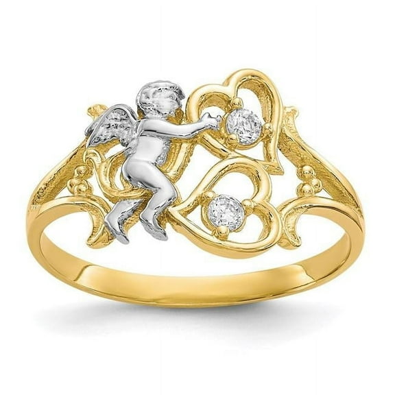 Primal Gold 10 Karat Yellow Gold and White Rhodium-plated Cubic Zirconia Angel with Hearts Ring