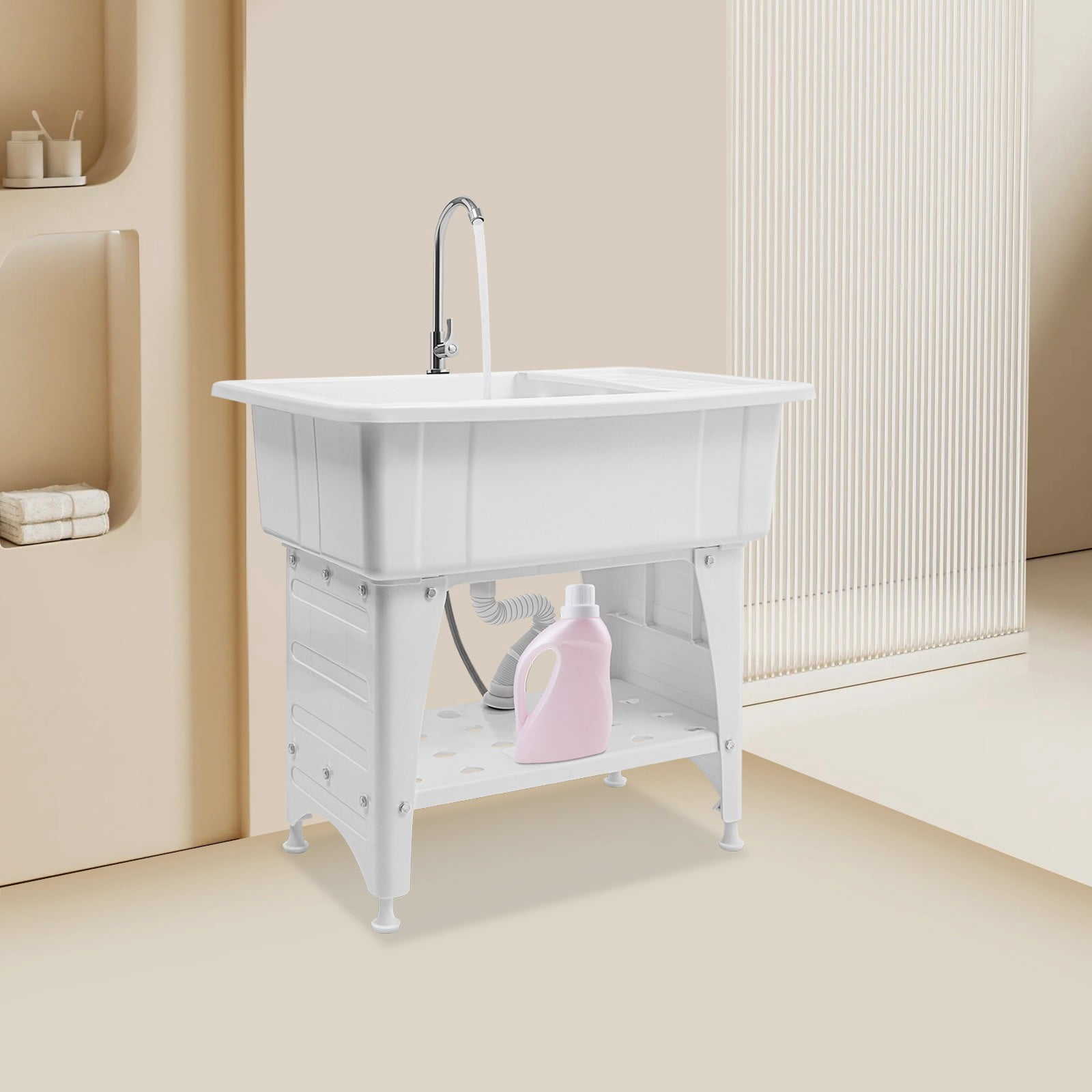 Utility Sink Laundry Tub Freestanding Laundry Sink With Drainboard+Faucet White