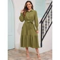 thumbnail image 2 of Frontwalk Fall Dresses For Women 2024 Lapel Neck Button Long Sleeve Dress Belted A-Line Flowy Rufflee Maxi Shirt Dress Casual Long Sundress Army Green XXL, 2 of 9
