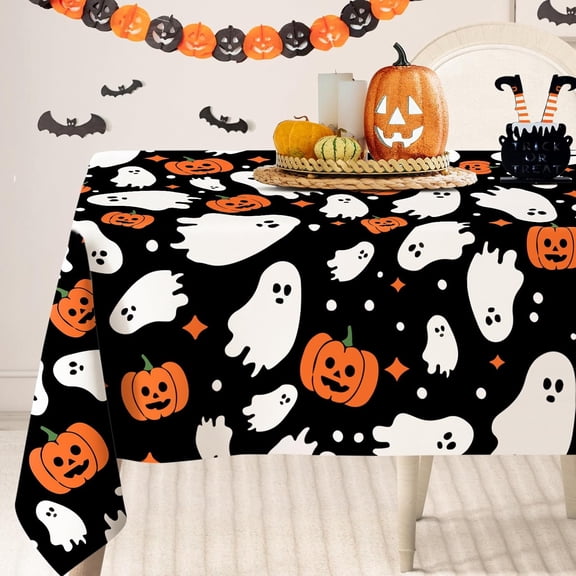 60 x 102 Inch Halloween Tablecloth Rectangle Cute Spooky Scary Ghost Pumpkin Star Table Cover for Home Kitchen Indoor Outdoor Party Picnic
