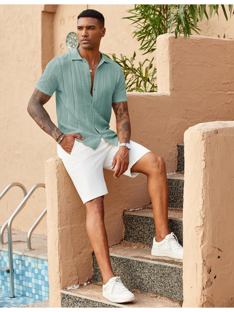 dress shirt for beach wedding COOFANDY Mens Knitted Polo Summer Button Up Shirts Short Sleeve Casual Crochet Shirt Big and Tall Shirts Attire Off Shoulder Black Velvet