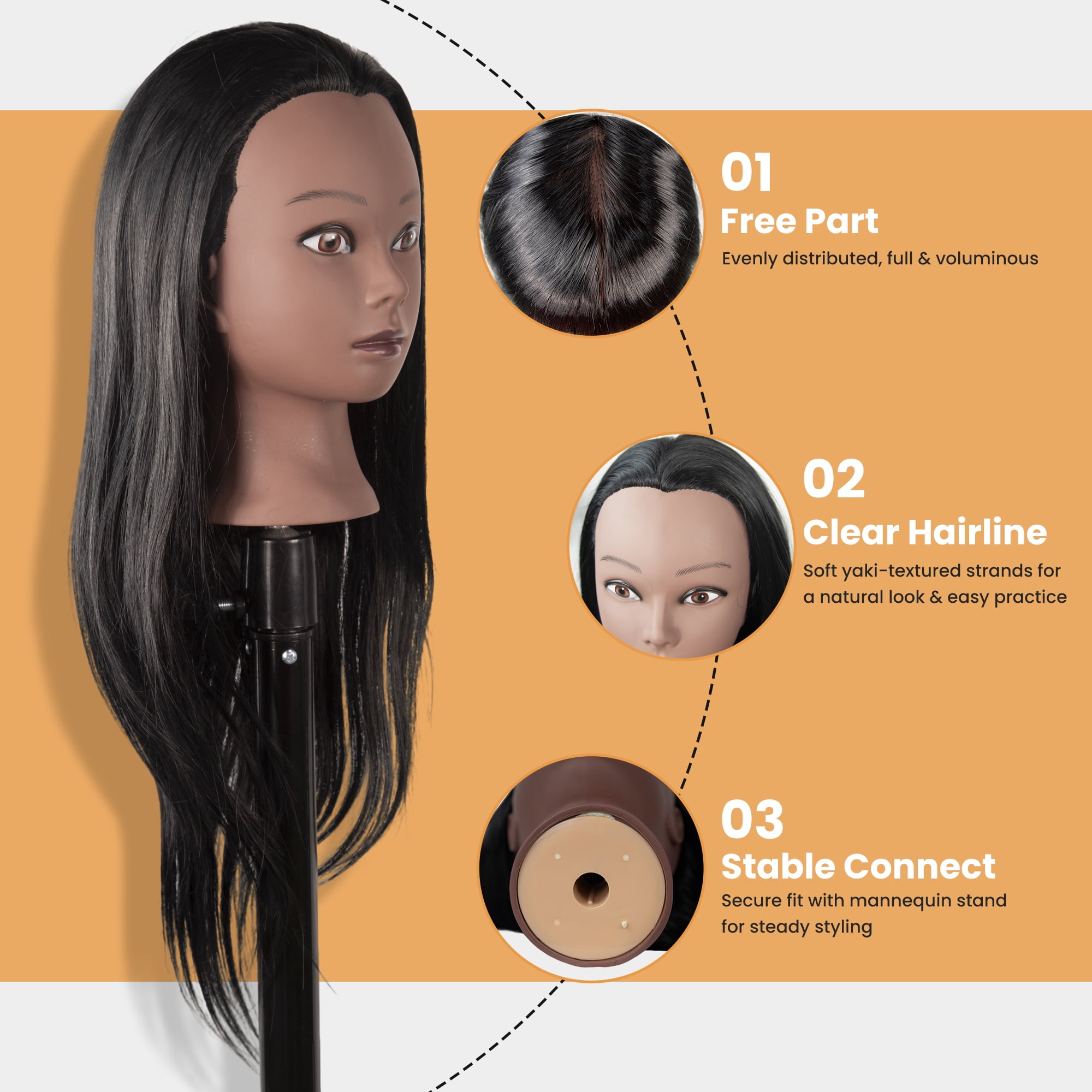 Mannequin Head Hair Styling Training Manikin Cosmetology Doll Head Synthetic Fiber Hair and Free Clamp Holder