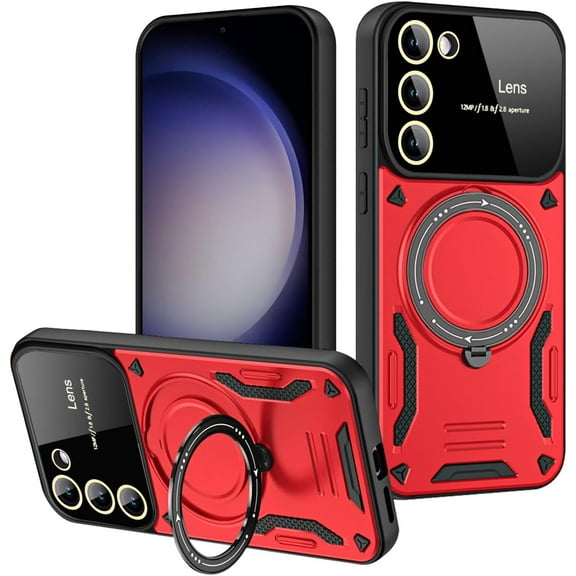 Case for Samsung Galaxy S24 Plus with Magnetic Attraction 360° Ring Stand Cover for Samsung Galaxy S24 Plus with Screen Camera Protector Hard PC TPU Case Red