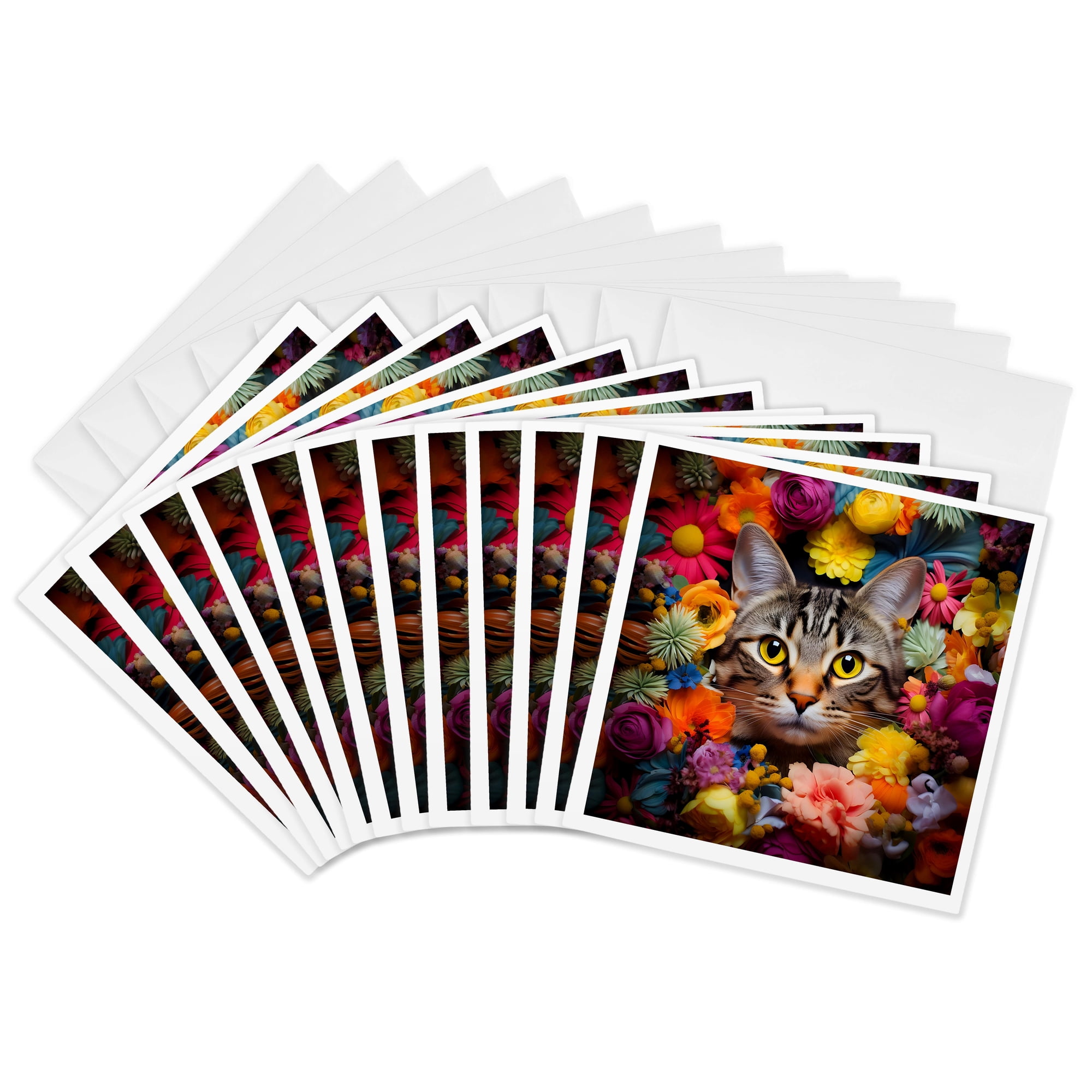 3drose American Shorthair Cat with Floral Background 12 Greeting Cards with Envelopes