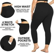 Nausy Womens High Waist Yoga Pants with Pockets Plus Size Leggings Tummy Control Workout Yoga Leggings Black