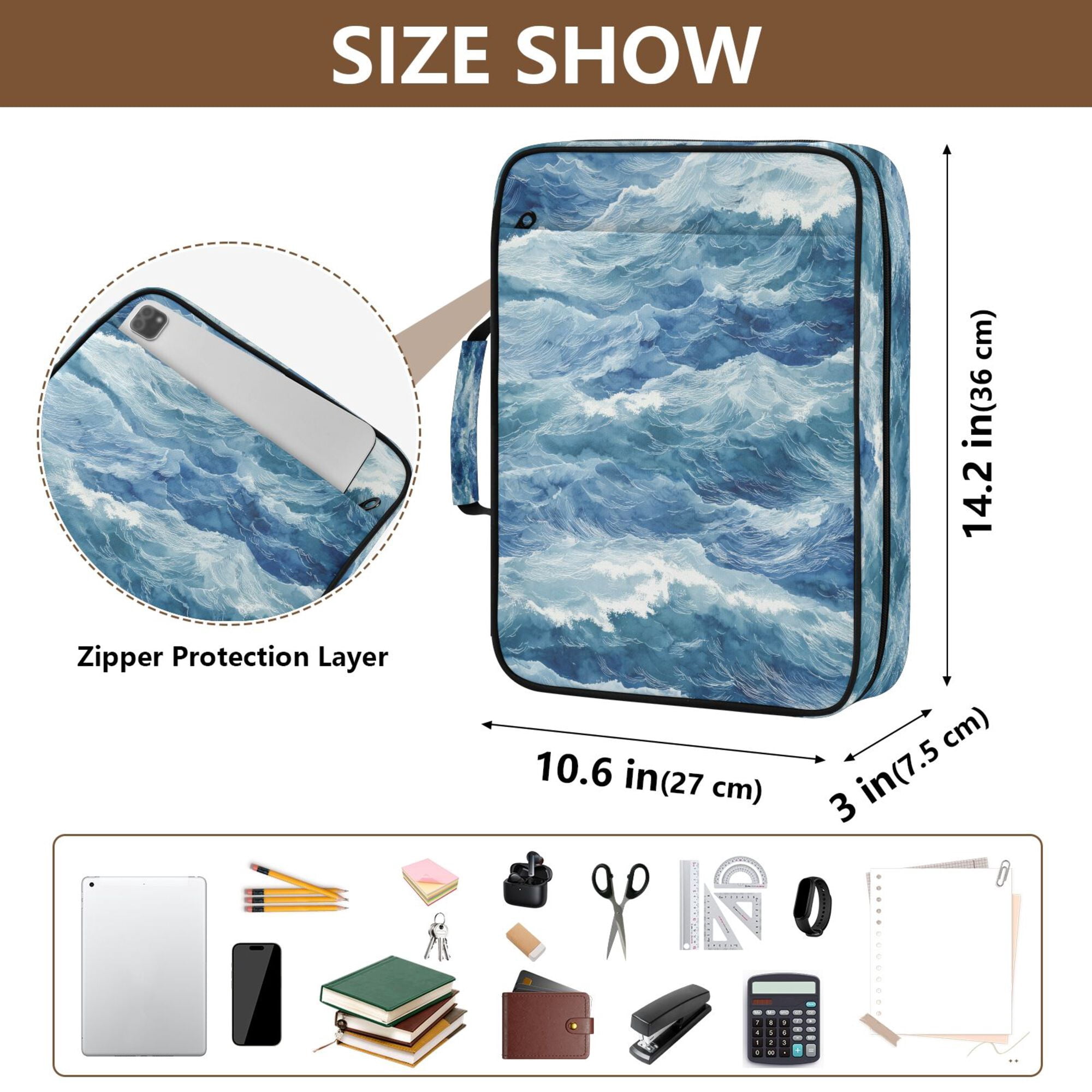 FORMRS Accordion File Folder A4 Size 7-Pocket Expanding Document Organizer Bag with 3 Ring Binder, Blue Watercolor Ocean Waves