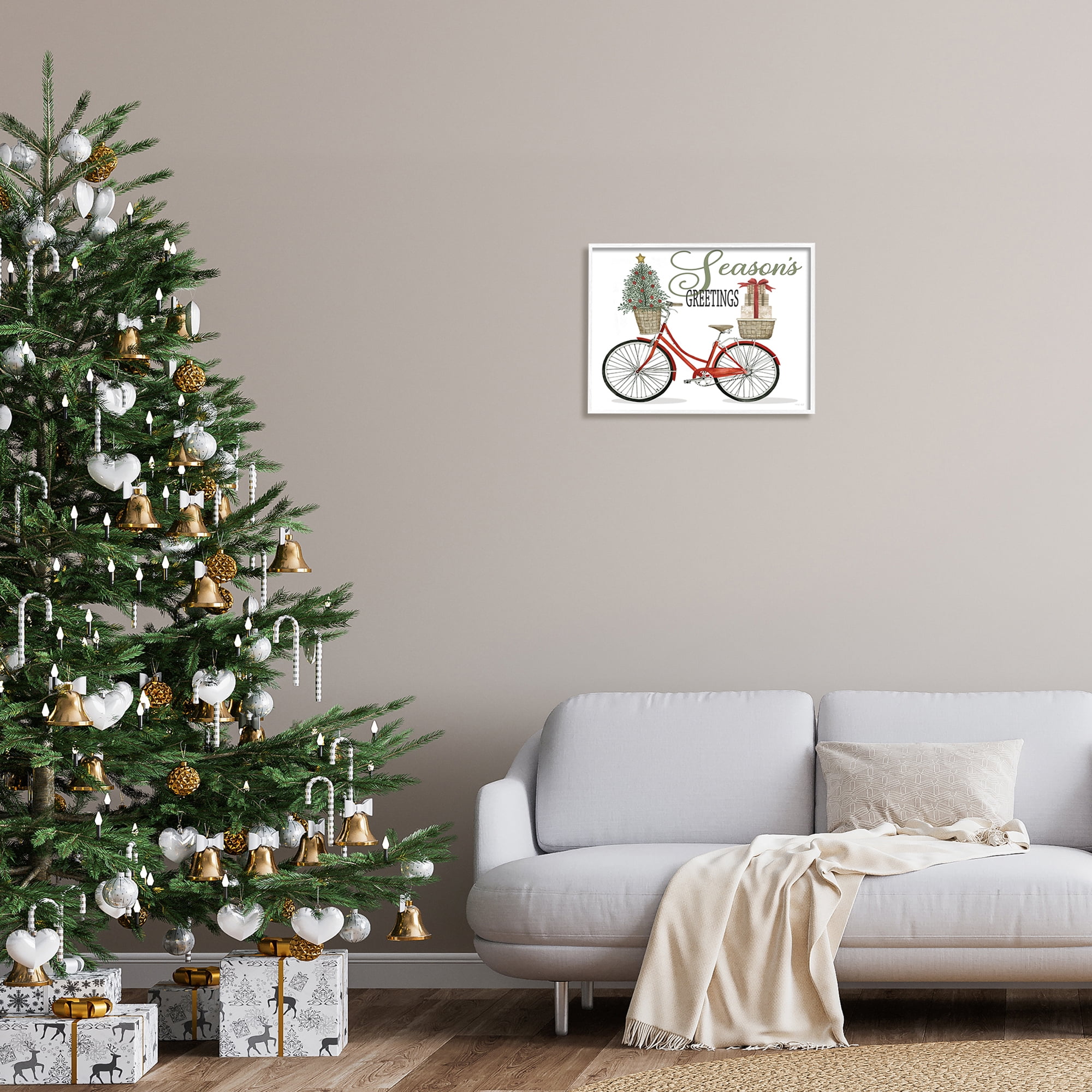 Season's Greetings Festive Holiday Bicycle Gifts Basket Inspirational Graphic Art Framed Art Print Wall Art