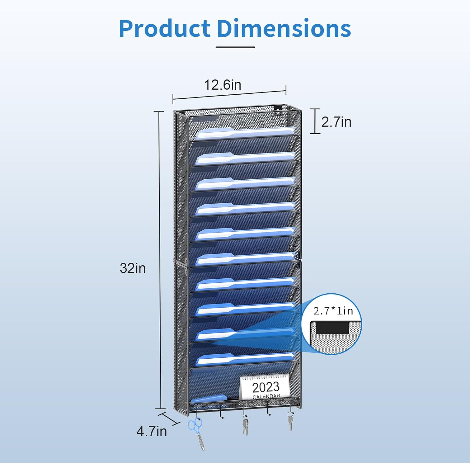 2Pack 12 Tier Hanging Wall File Organizer with Hooks, Vertical Wall Mount File Folder Holder, Paper Document Mail Organizer for Office