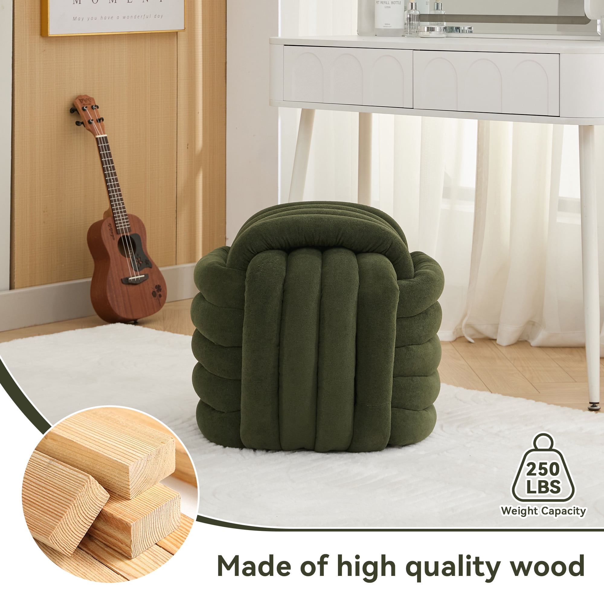 Timbernest Small Ottoman Foot Rest, Modern Stylish Chenille Foot Stool, Knot Design Makeup Stool, Green