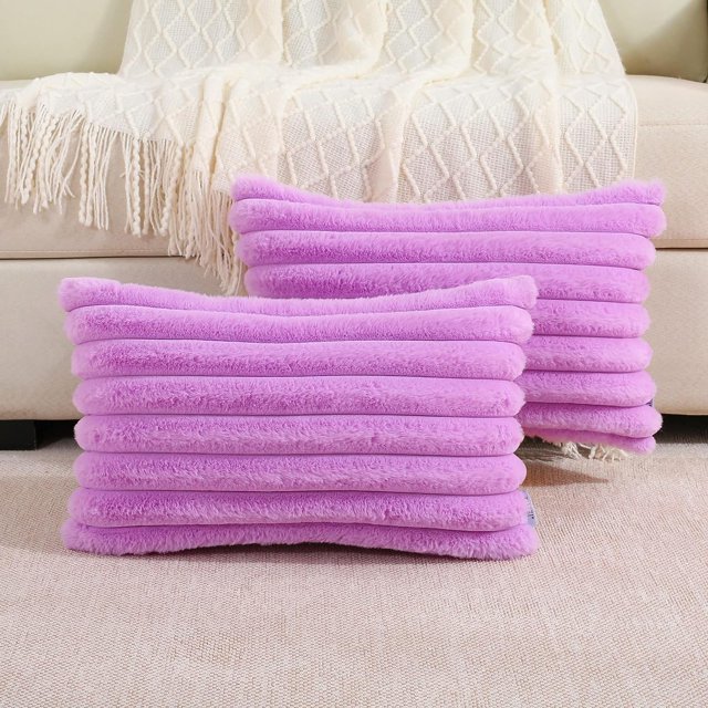 SURJDE Purple Striped Decorative Throw Pillow Covers 12x20 Inch Set of 2,Rectangle Fall Decorations Couch Lumbar Pillowcase,Soft Cozy Faux Rabbit & Velvet Back,Modern Home Decor for Bed