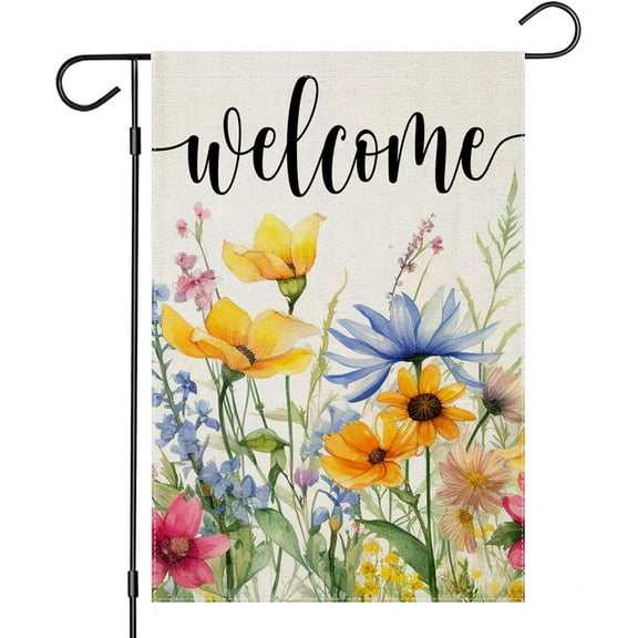 Welcome Spring Flowers Garden Flag 12x18 Inch Double Sided, Watercolor Floral Outdoor Yard Decor