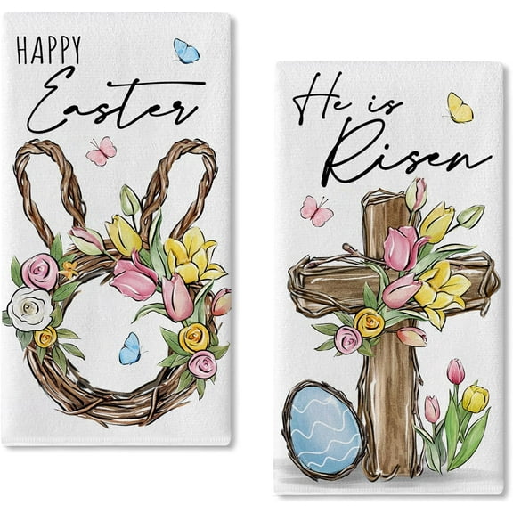Happy Easter Bunny Wreath Kitchen Dish Towels Set of 2, He is Risen Religious Cross Rabbit Hand Towels Drying Baking Cooking Cloth, Spring Tulip Flower Egg Home Kitchen Decor 18x26 Inch