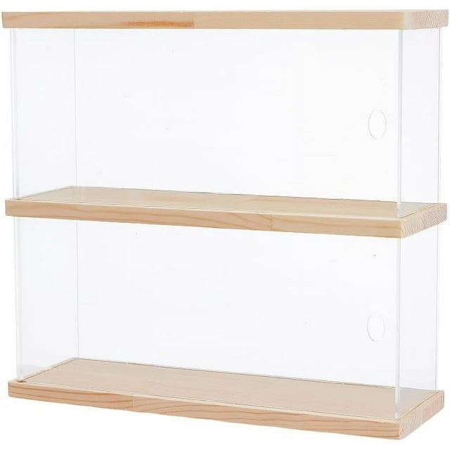 Vitrina transparente para minifiguras, vitrina acrílica de 2 niveles, estante para exhibición, caja de almacenamiento de madera