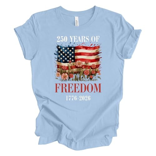 Patriot Pride Reckless Patriot Women’s Graphic T-Shirt – 250 Years of Freedom 1776–2026 Floral American Flag Design, Baby Blue, Small